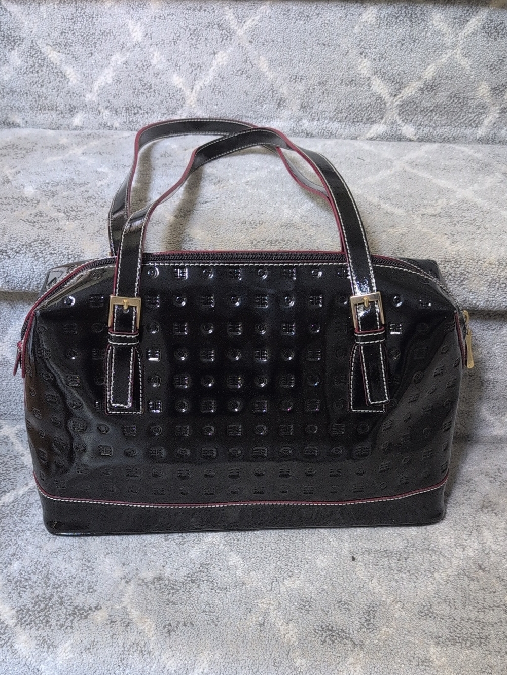 Arcadia Black Patent Dome Bag with Contrast Stitching. EUC